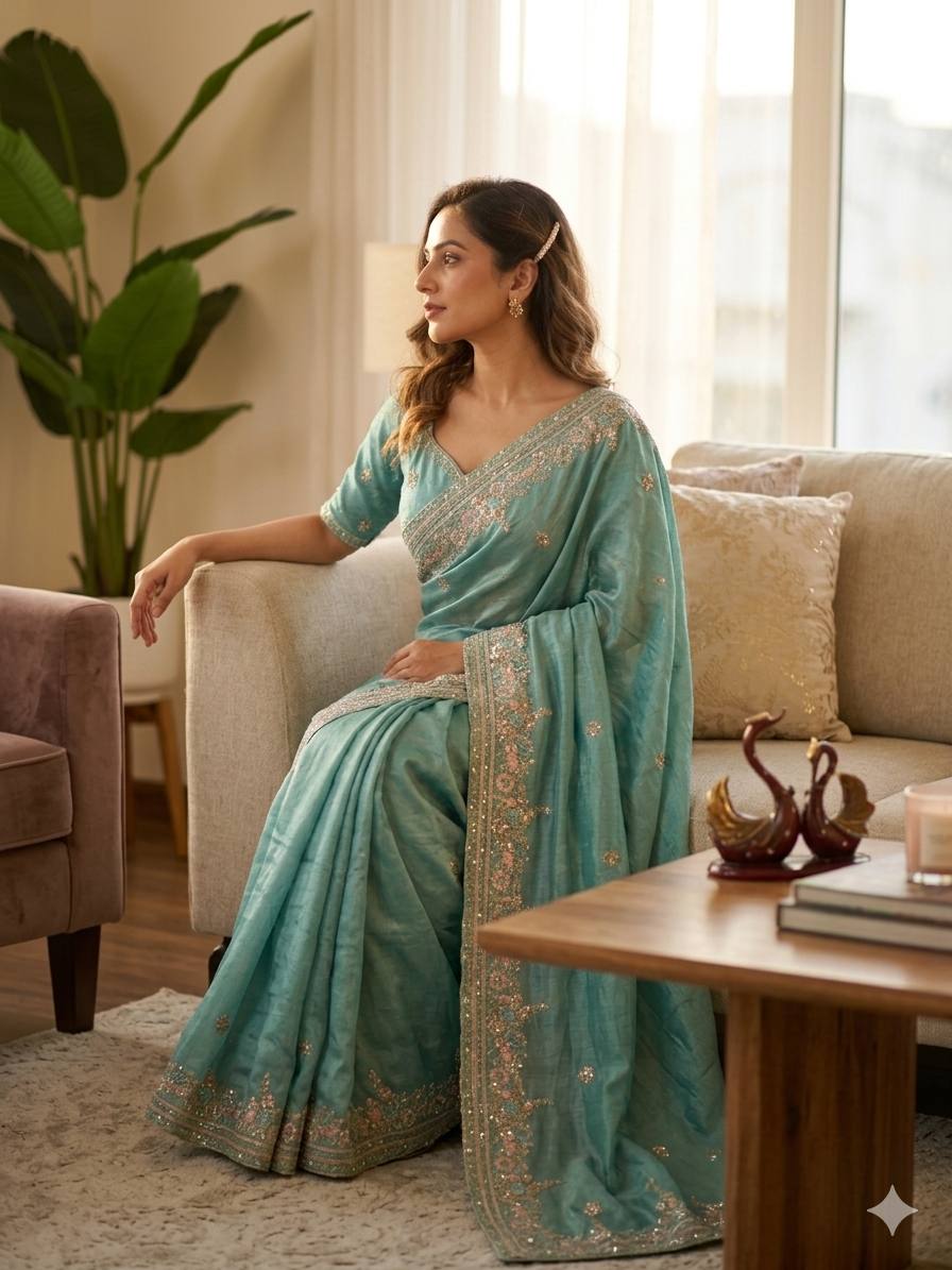 Bollywood Style Aqua Blue Soft NC Vichitra Embroidered Saree for Wedding and Festive Wear
