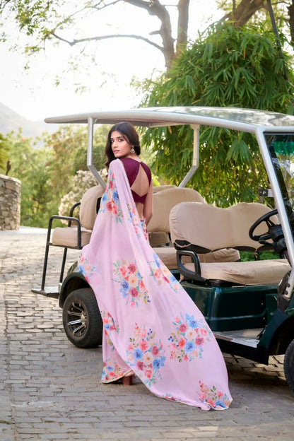 Premium Floral Print Georgette Saree with Moti Lace Border & Running Blouse | Party Wear Designer Saree