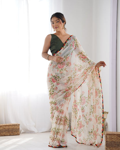 Celebrity Inspired White Heavy Butti Floral Print Saree for Party, Festive and Casual Wear