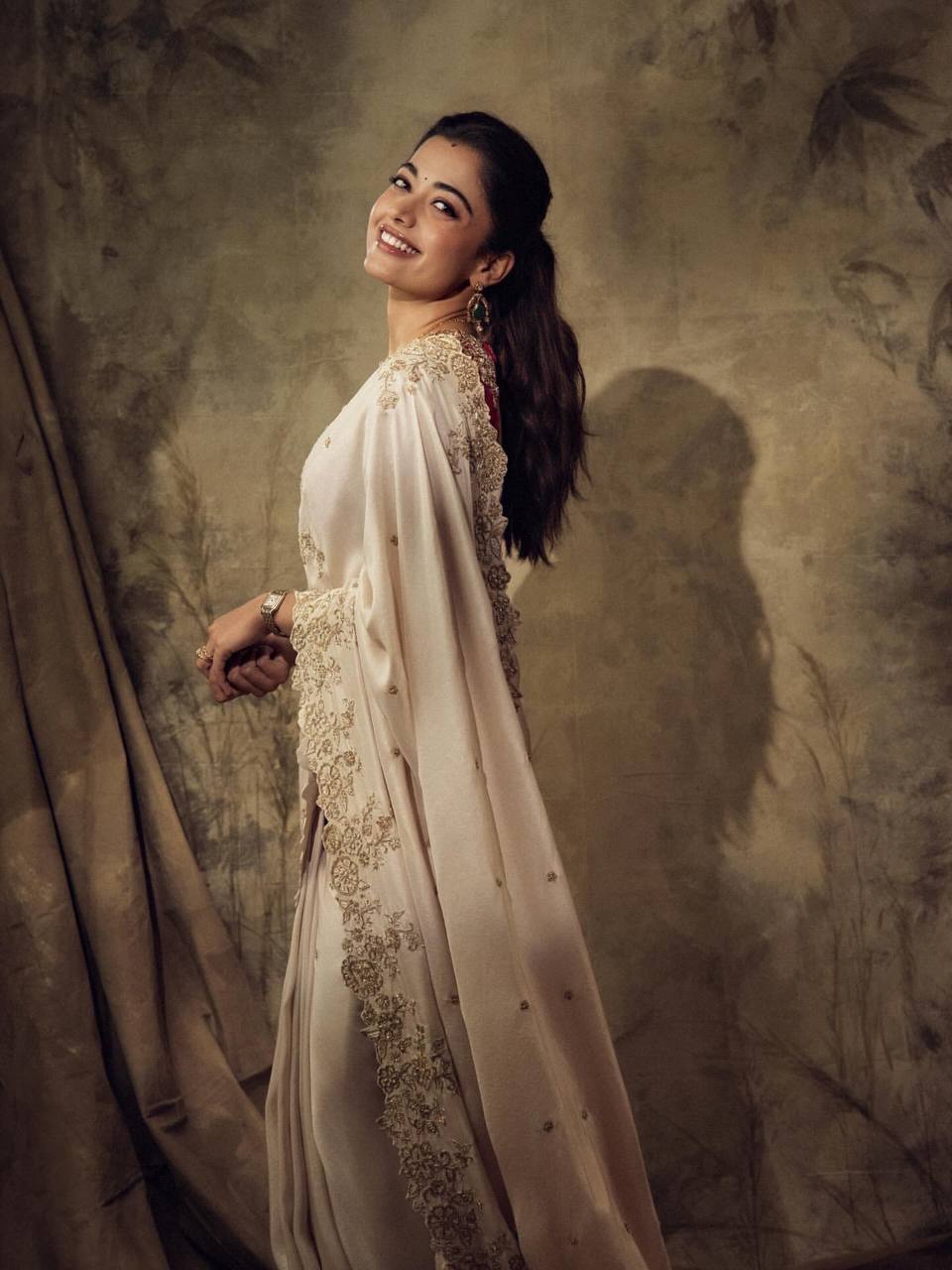 Celebrity Inspired White Rangoli Silk Saree with Embroidered Banglori Blouse
