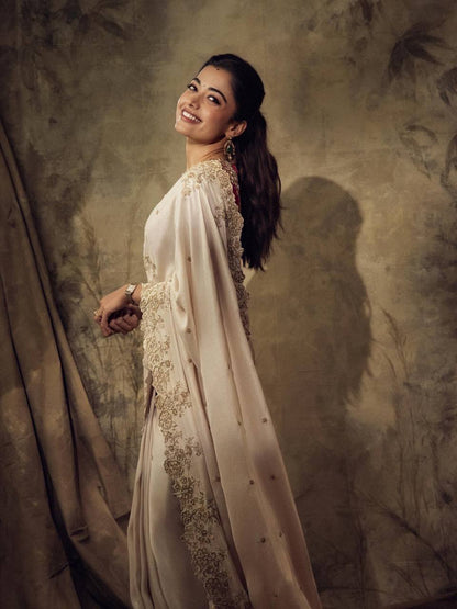 Celebrity Inspired White Rangoli Silk Saree with Embroidered Banglori Blouse