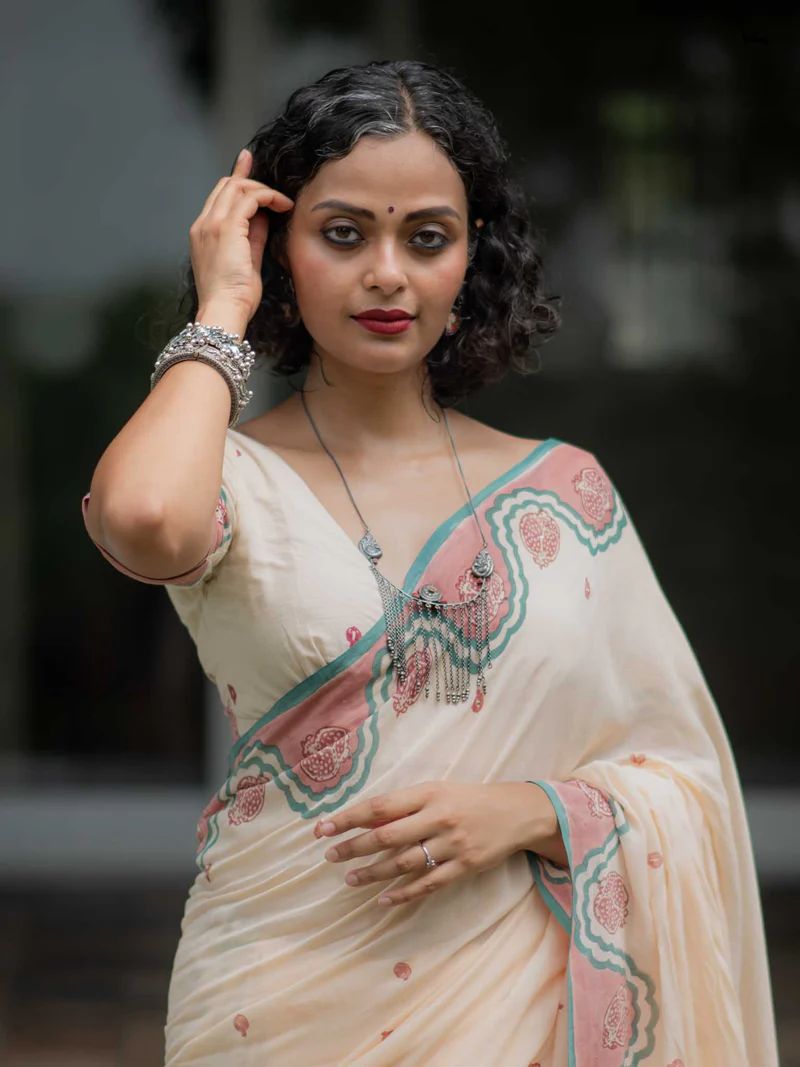 Traditional Cream Linen Cotton Ethnic Saree with Premium Digital Print