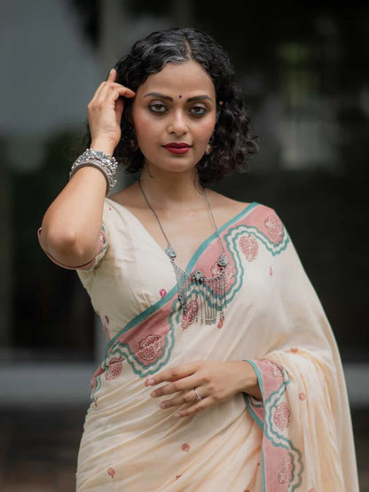 Traditional Cream Linen Cotton Ethnic Saree with Premium Digital Print