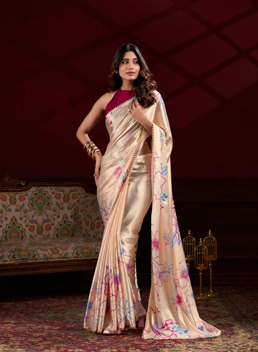 Cream Japan Satin Silk floral printed saree with pearl lace border front view for women