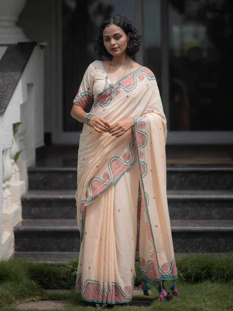 Cream Pure Linen Cotton Saree with Ultra HD Digital Print and Handcrafted Zalar Front View