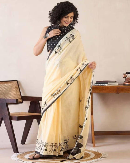 Premium Cream Linen Cotton Warli Print Saree with Black Border Front View