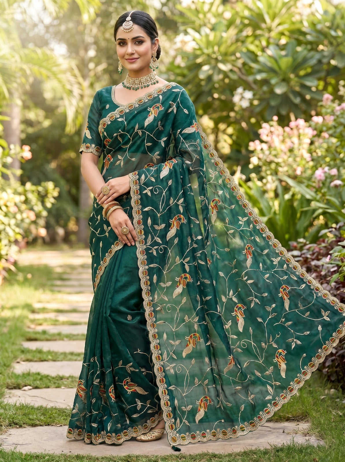Dark Green Designer Net Saree with Peacock Thread Embroidery