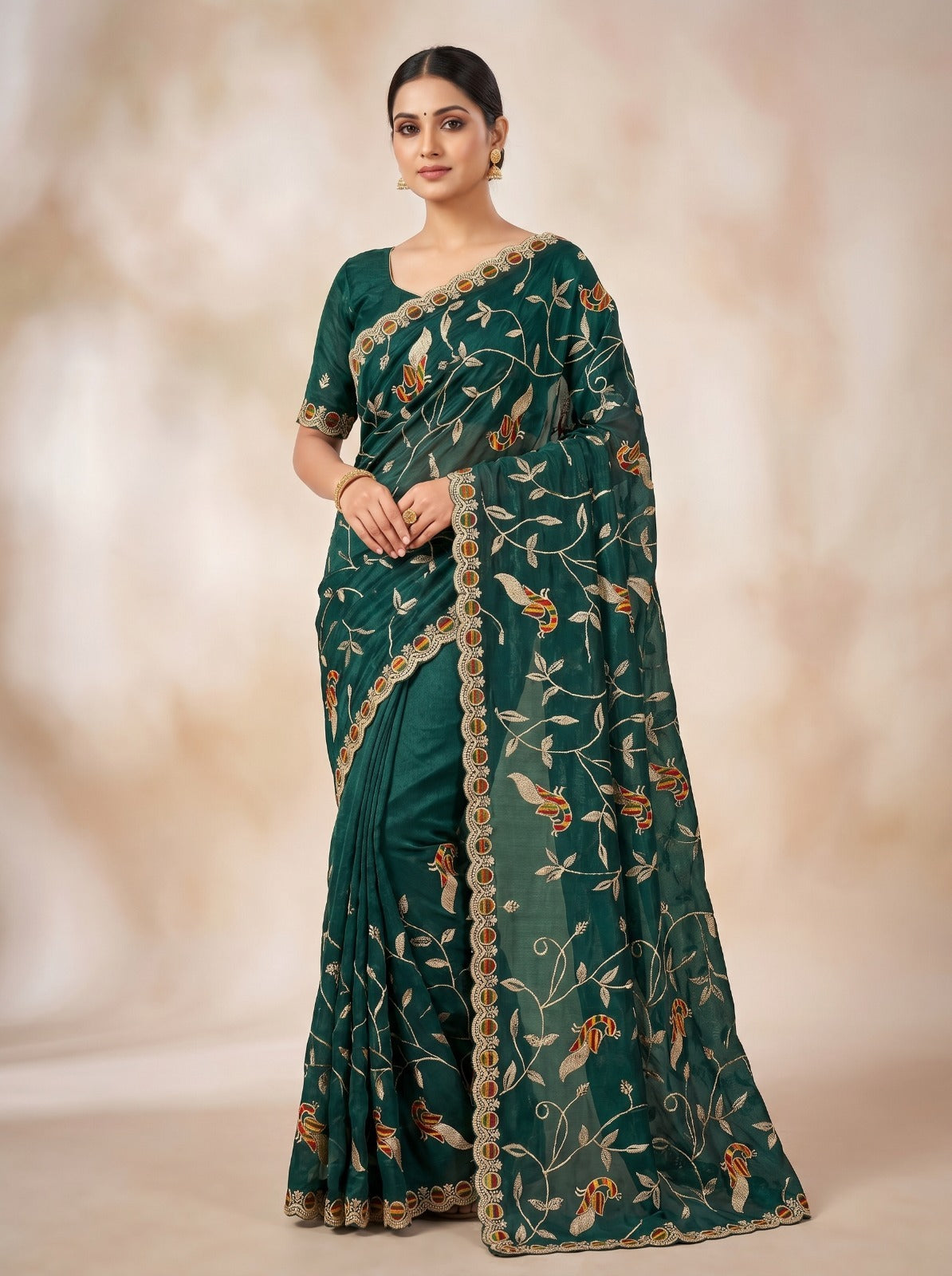 Dark Green Floral Peacock Embroidered Net Saree for Women
