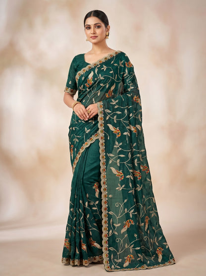 Dark Green Floral Peacock Embroidered Net Saree for Women