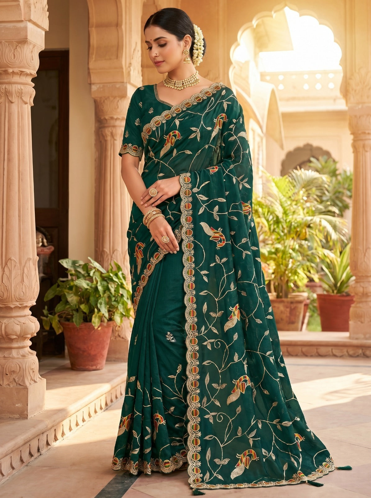 Dark Green Peacock Embroidered Net Saree for Wedding & Party Wear
