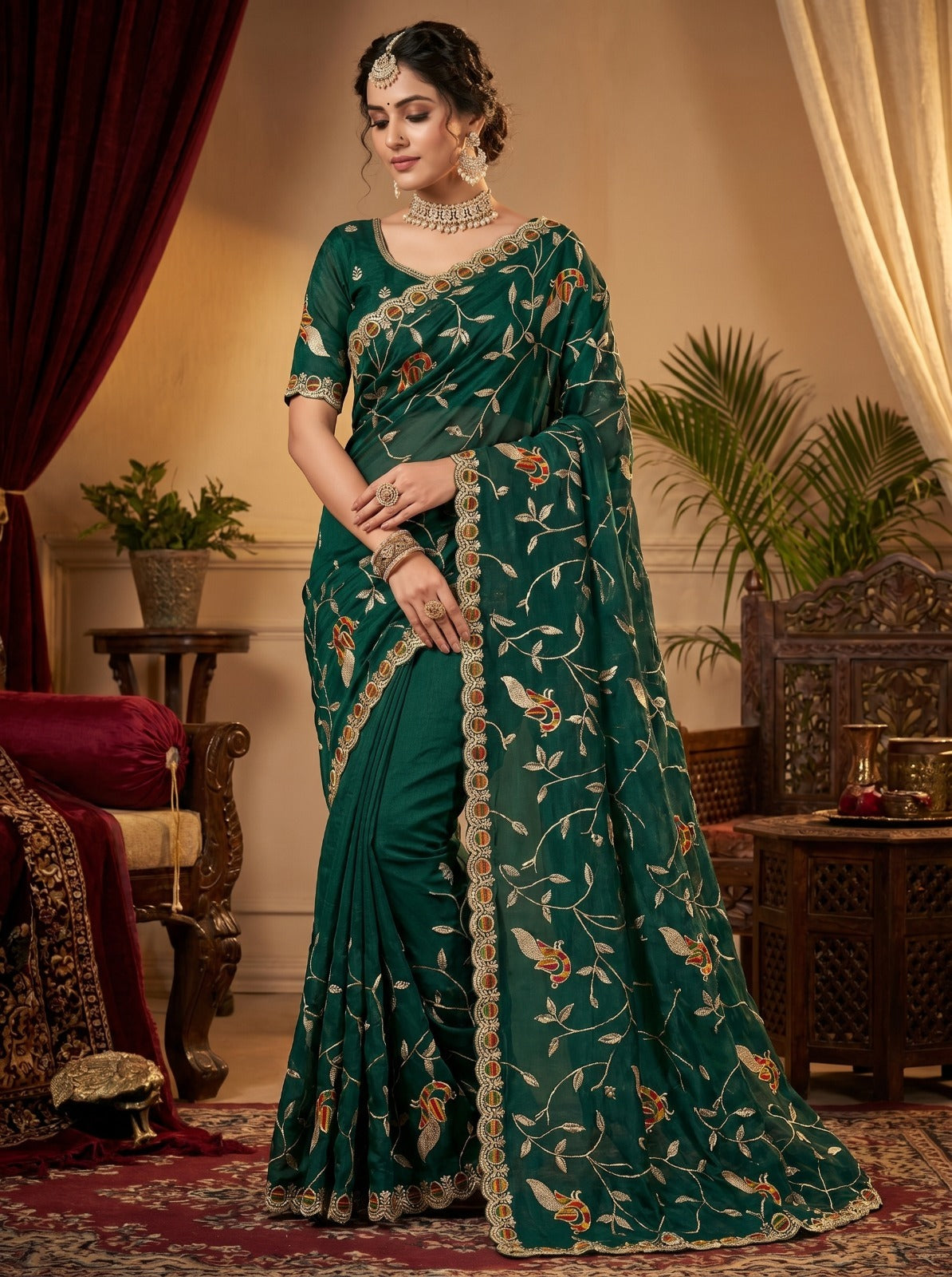 Premium Dark Green Net Saree with Peacock Embroidery and Designer Border