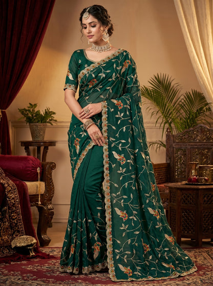 Premium Dark Green Net Saree with Peacock Embroidery and Designer Border