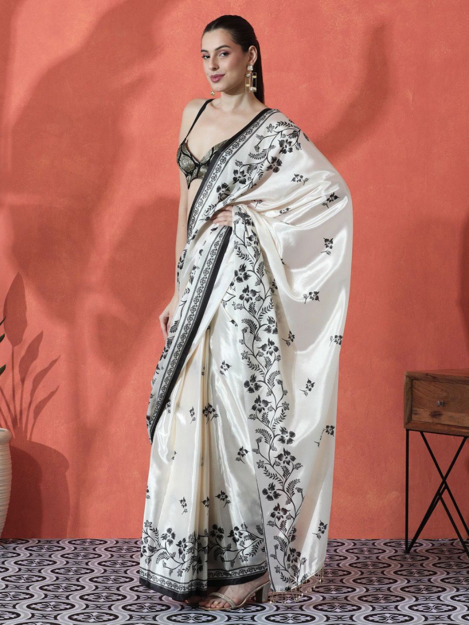 Designer Black & White Floral Print Japan Silk Saree with Running Blouse