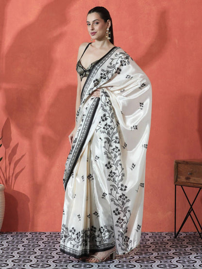Designer Black & White Floral Print Japan Silk Saree with Running Blouse