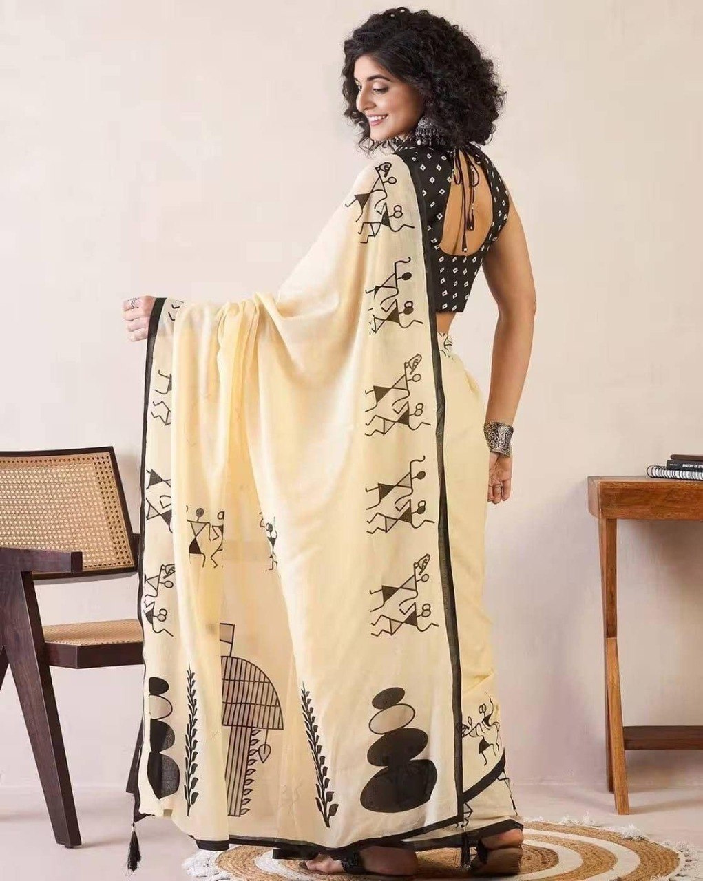 Designer Cream Linen Cotton Saree with Warli Art Digital Print for Women