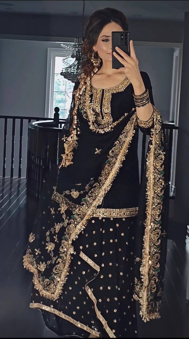 Designer dhoti style suit back view with embroidered dupatta drape