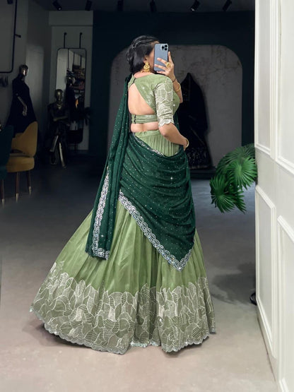 Trendy designer lehenga saree for women in dual green shades with elegant handcrafted embroidery.