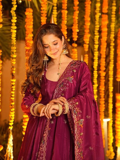 Premium Maroon Embroidered Crepe Silk Anarkali Suit with Dupatta | Festive & Wedding Wear