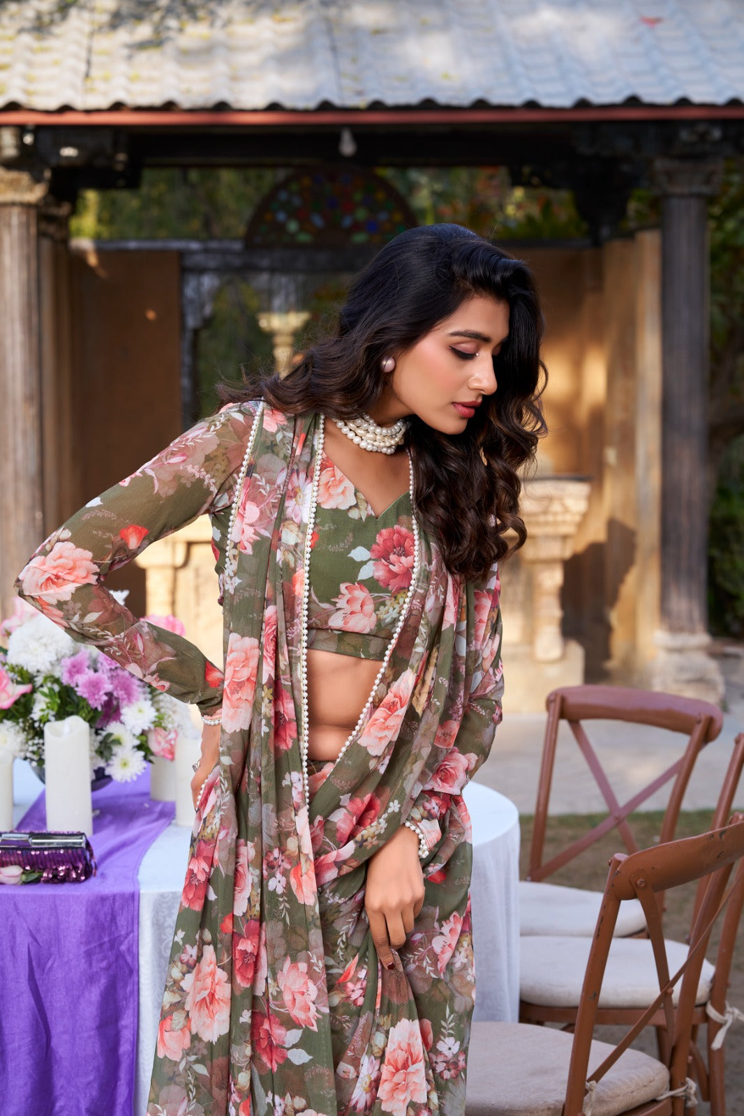 Designer mehendi soft georgette saree with floral print and pearl lace border