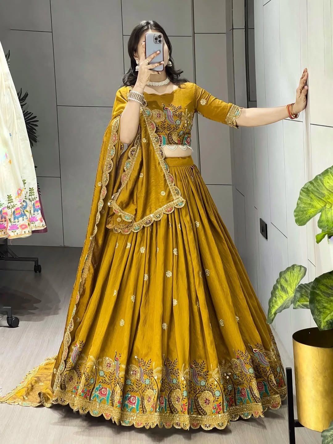 Designer mustard embroidered lehenga choli with matching dupatta for women