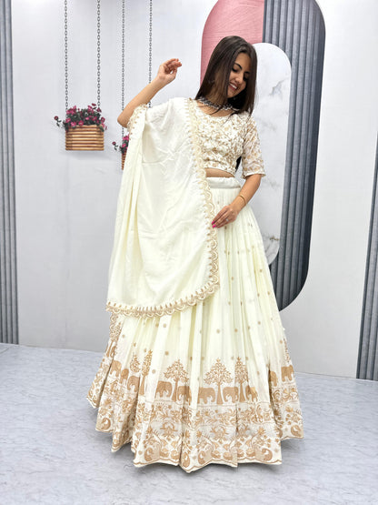 Designer Off White Chinon Silk Wedding Lehenga Choli for Women