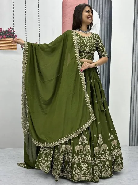 Designer Olive Green Chinon Silk Wedding Lehenga Choli for Women