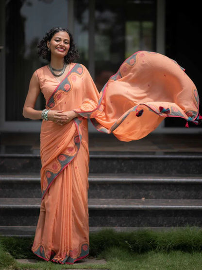 Designer Orange Linen Cotton Saree with Premium Wax Finish and Handcrafted Zalar