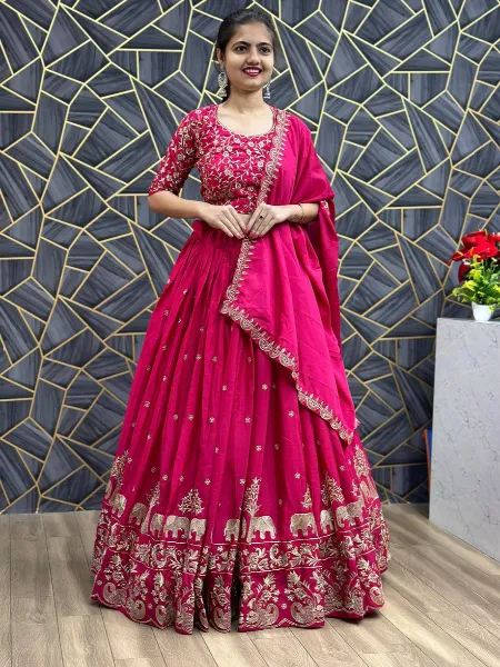 Designer Pink Chinon Silk Wedding Lehenga Choli for Women