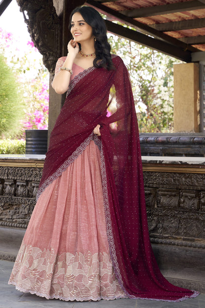 Designer blush pink lehenga choli with embroidered maroon dupatta for wedding wear