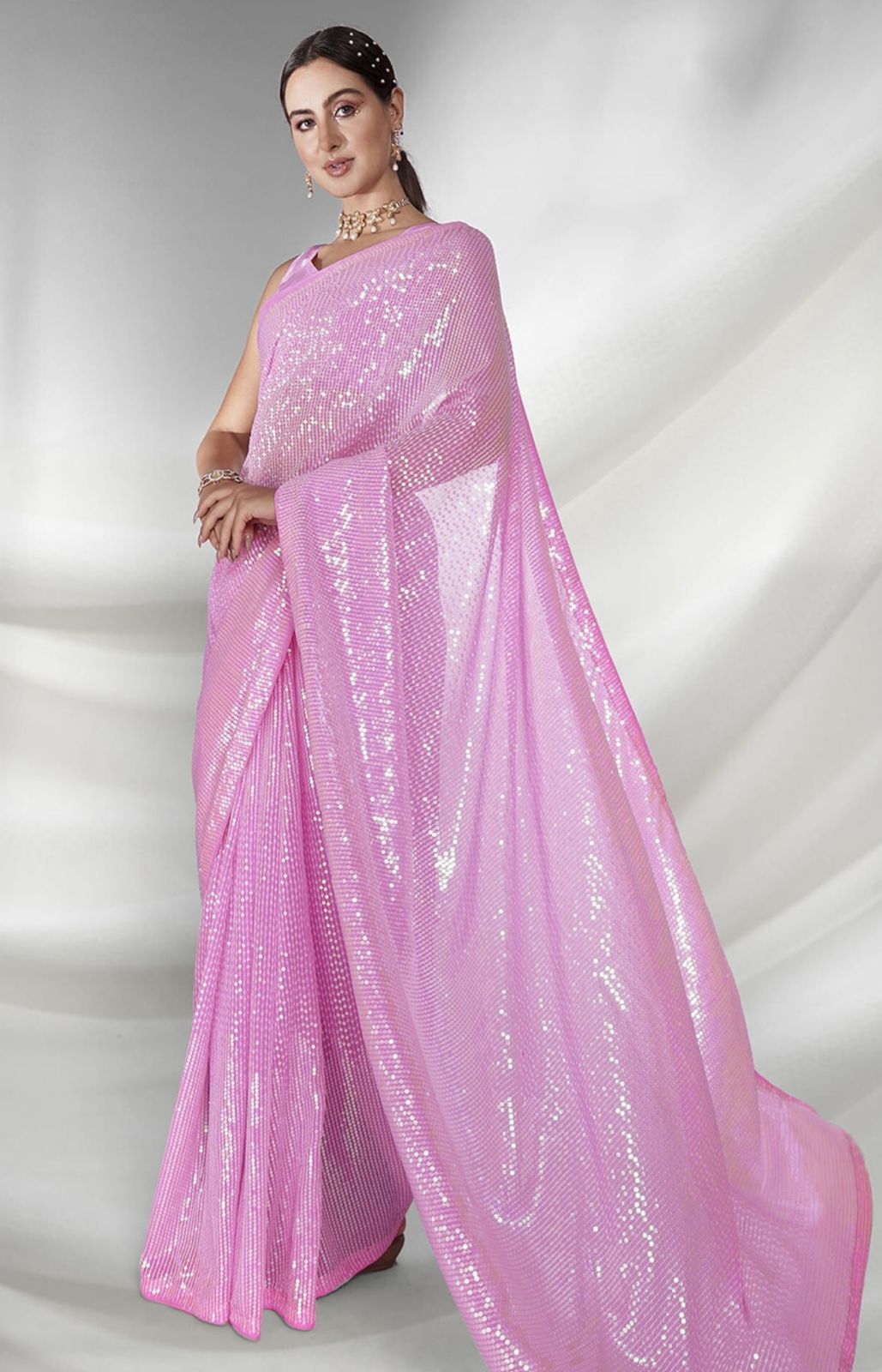 Designer Pink Party Wear Saree with Fancy Sequins Embroidery and Mono Banglori Blouse