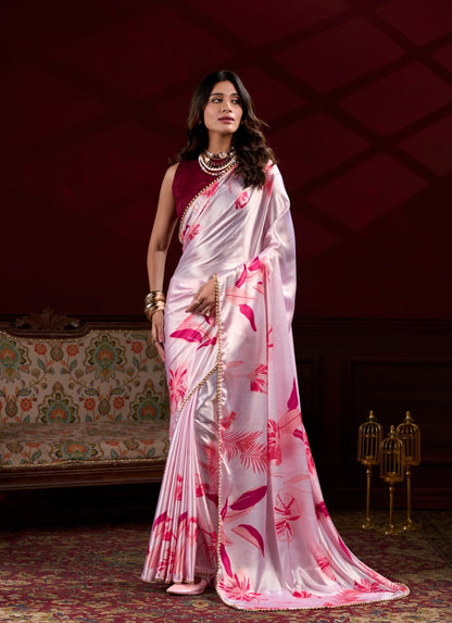 Designer pink satin silk party wear saree with elegant floral digital print and pearl lace border