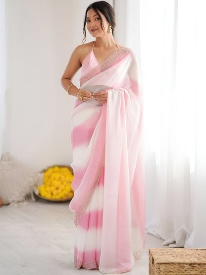 Designer pink Space Silk party wear saree featuring printed patta and diamond work