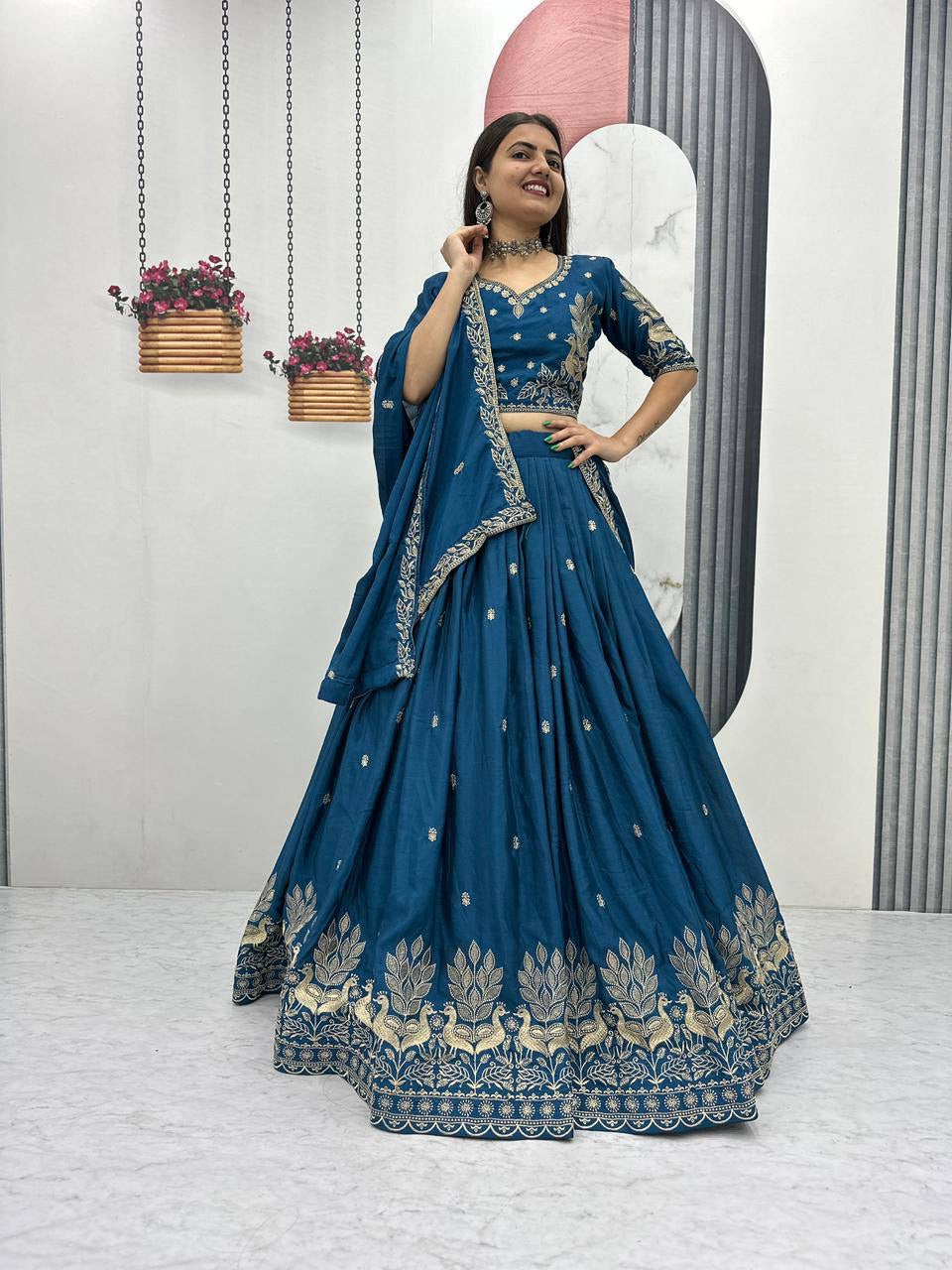 Designer Rama Blue Wedding Lehenga Choli for Women with Elegant Embroidery Work