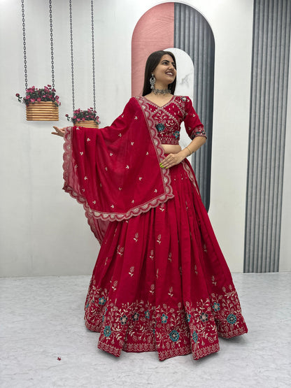 Designer red bridal lehenga choli with floral embroidery and matching dupatta