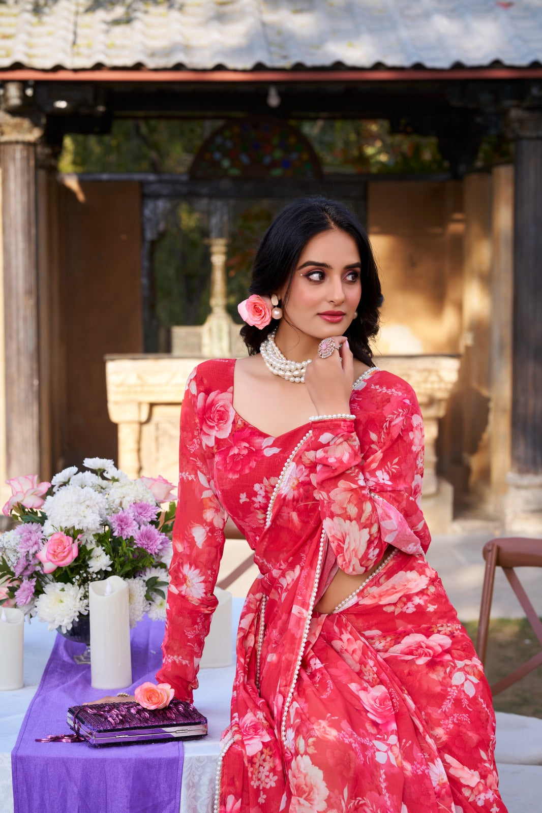 Designer red soft georgette saree with floral print and pearl lace border