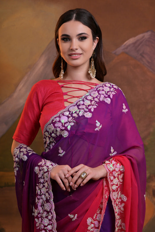 Designer Soft Georgette party wear saree featuring heavy C pallu sequence embroidery and border cut design.