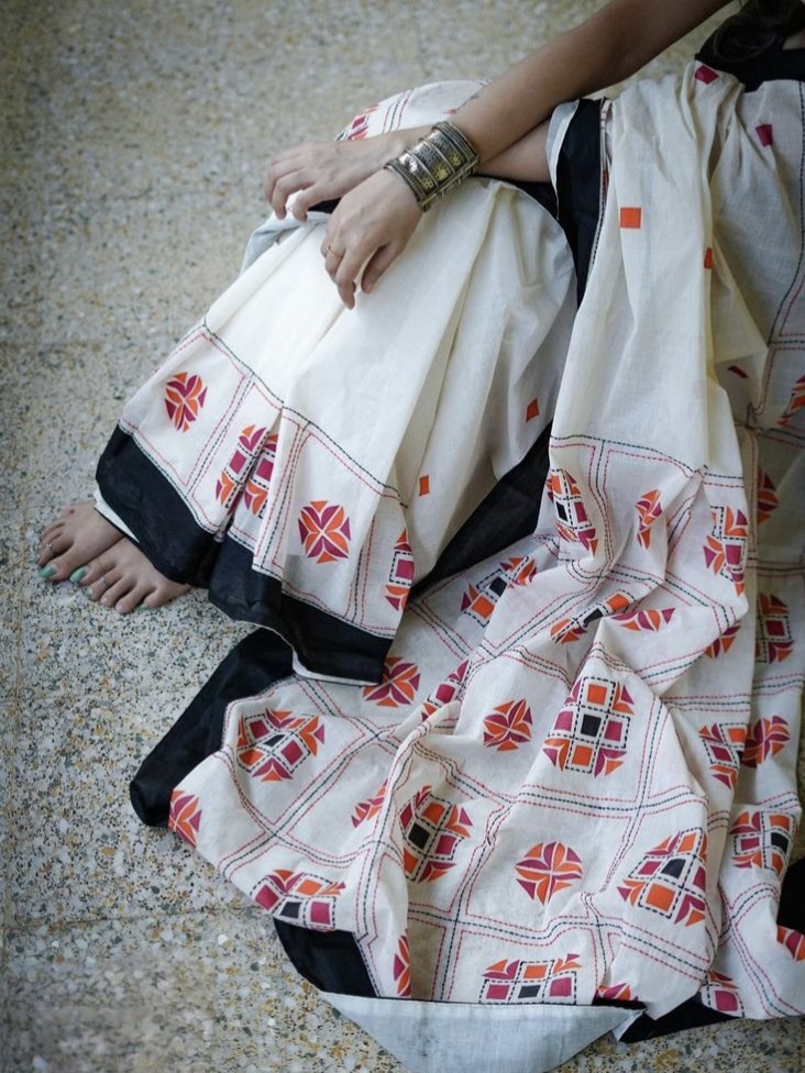 Designer White Linen Cotton Saree with Geometric Digital Print for Women, Perfect for Office and Festive Wear