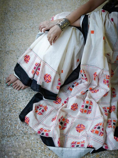 Designer White Linen Cotton Saree with Geometric Digital Print for Women, Perfect for Office and Festive Wear