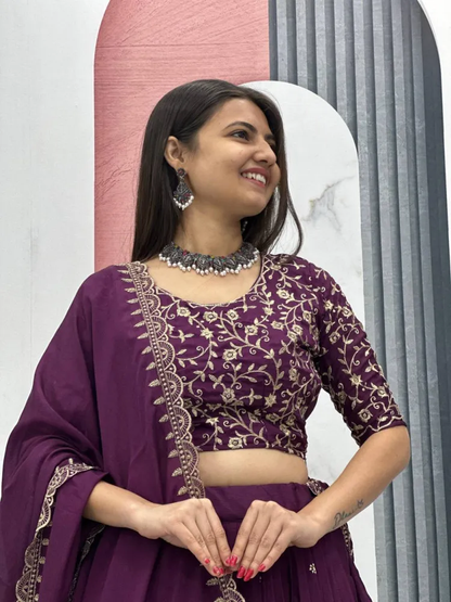 Designer Wine Chinon Silk Wedding Lehenga Choli for Women