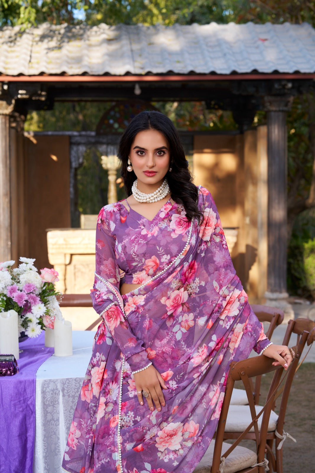 Designer wine soft georgette saree with floral print and pearl lace border