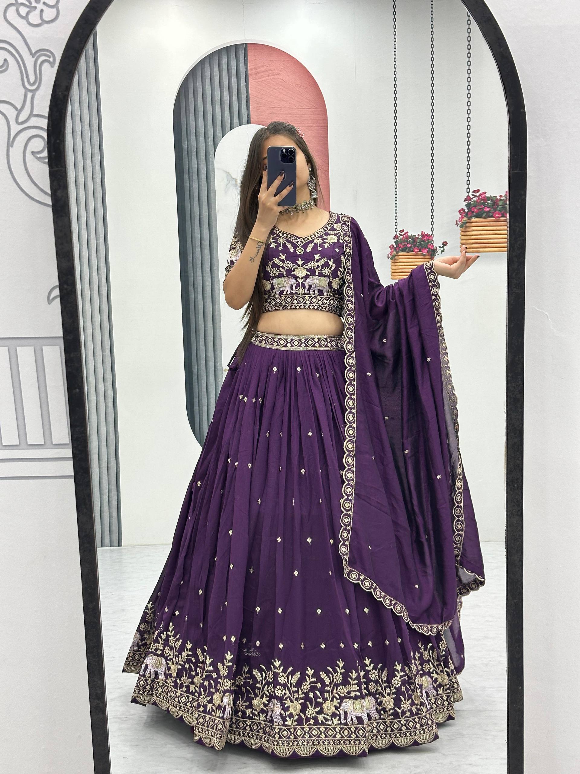 Designer Wine Pure Chinon Wedding Lehenga Choli for Women