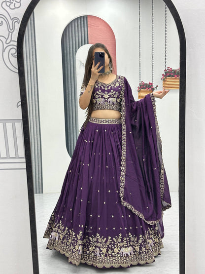 Designer Wine Pure Chinon Wedding Lehenga Choli for Women