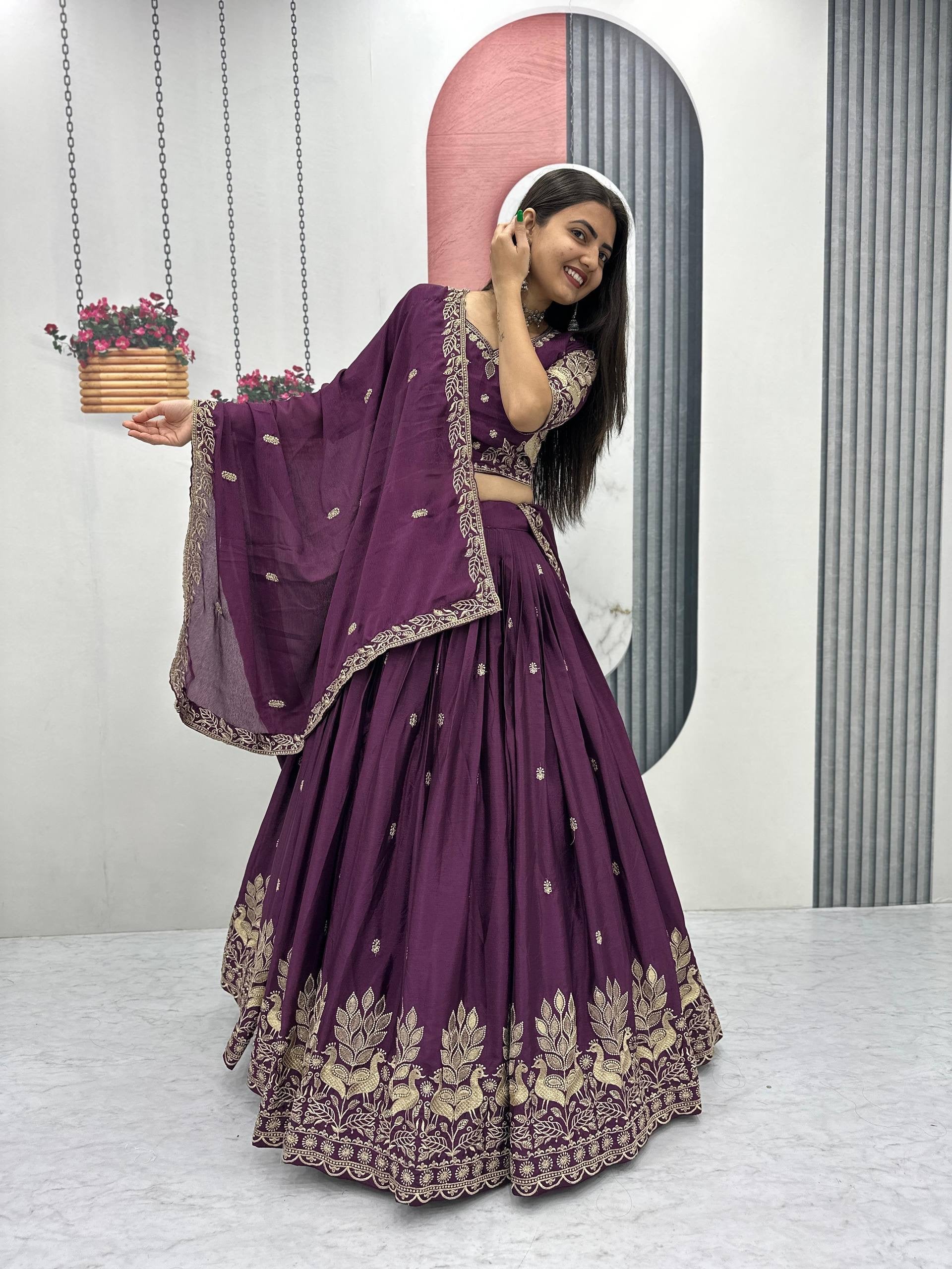 Designer Wine Wedding Lehenga Choli for Women with Elegant Embroidery Work