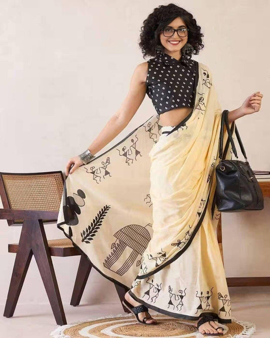 Elegant Cream Ethnic Linen Cotton Saree with Modern Warli Print and Designer Black Border