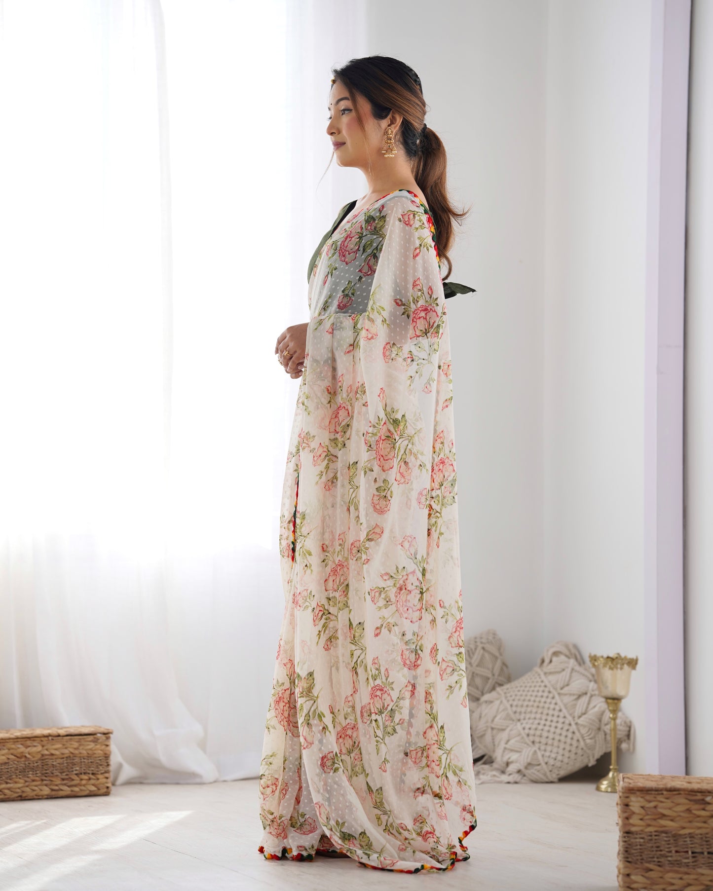 Elegant White Floral Festive Wear Saree with Heavy Butti Fabric and Mono Banglory Blouse