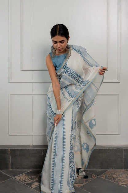 Elegant pure linen cotton saree with modern geometric digital print and matching blouse