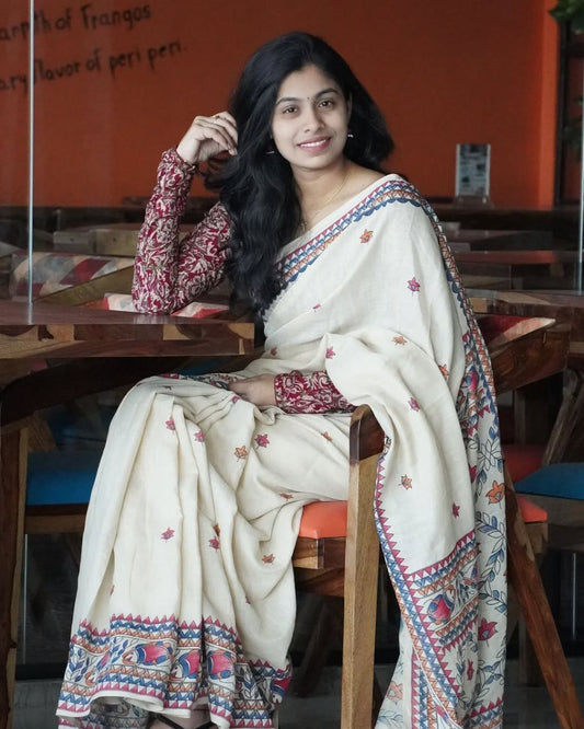 Elegant Off White Linen Cotton Ethnic Saree with Traditional Floral Digital Print for Festive and Office Wear