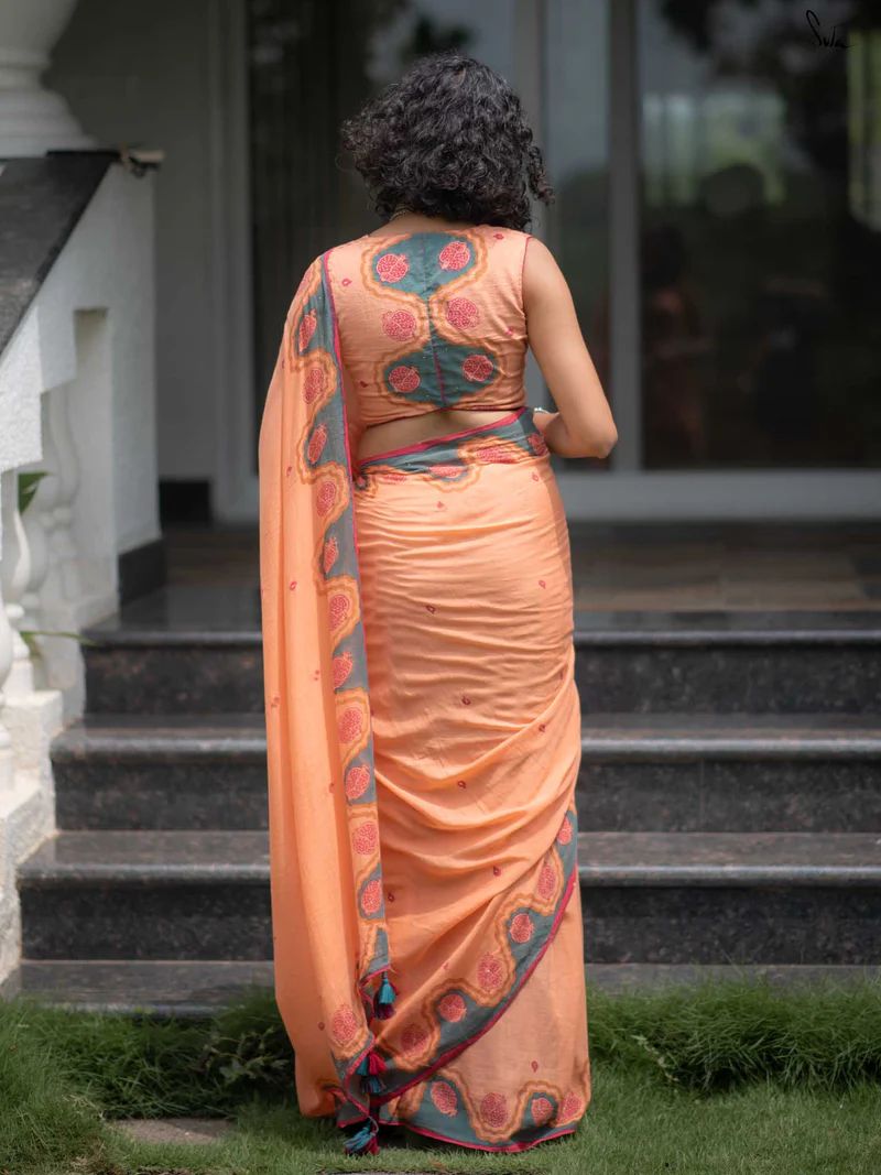 Elegant Orange Linen Cotton Printed Saree for Women with Floral Borde