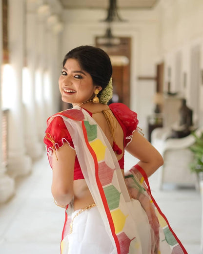 Elegant White Linen Cotton Designer Saree with Colorful Printed Border for Women