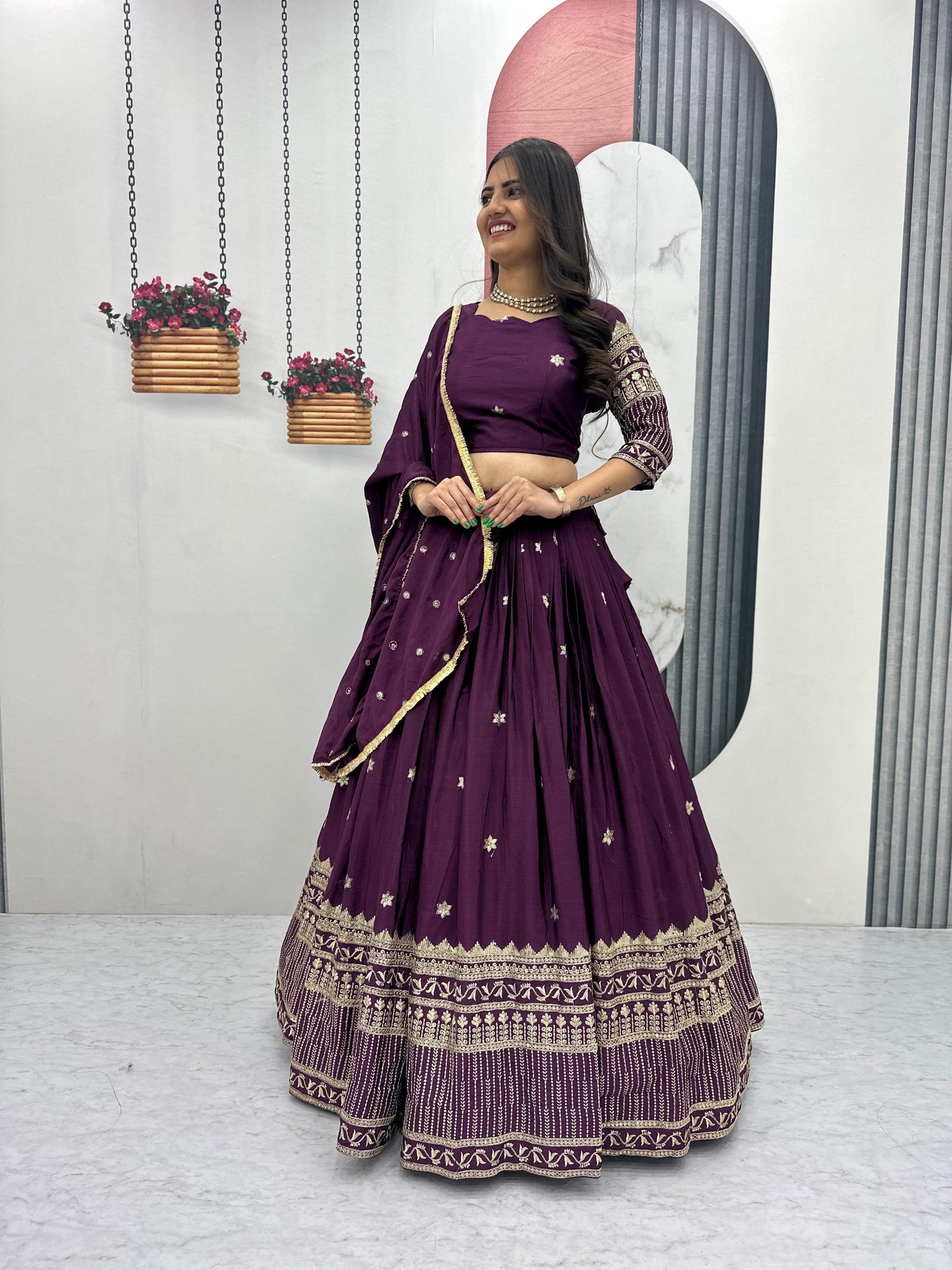 Elegant Wine Ethnic Lehenga Choli Set with Embroidered Dupatta for Wedding Functions